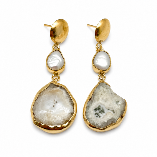 Gold-plated drop earrings with baroque pearl-inspired centers and organic stone-like pendants.