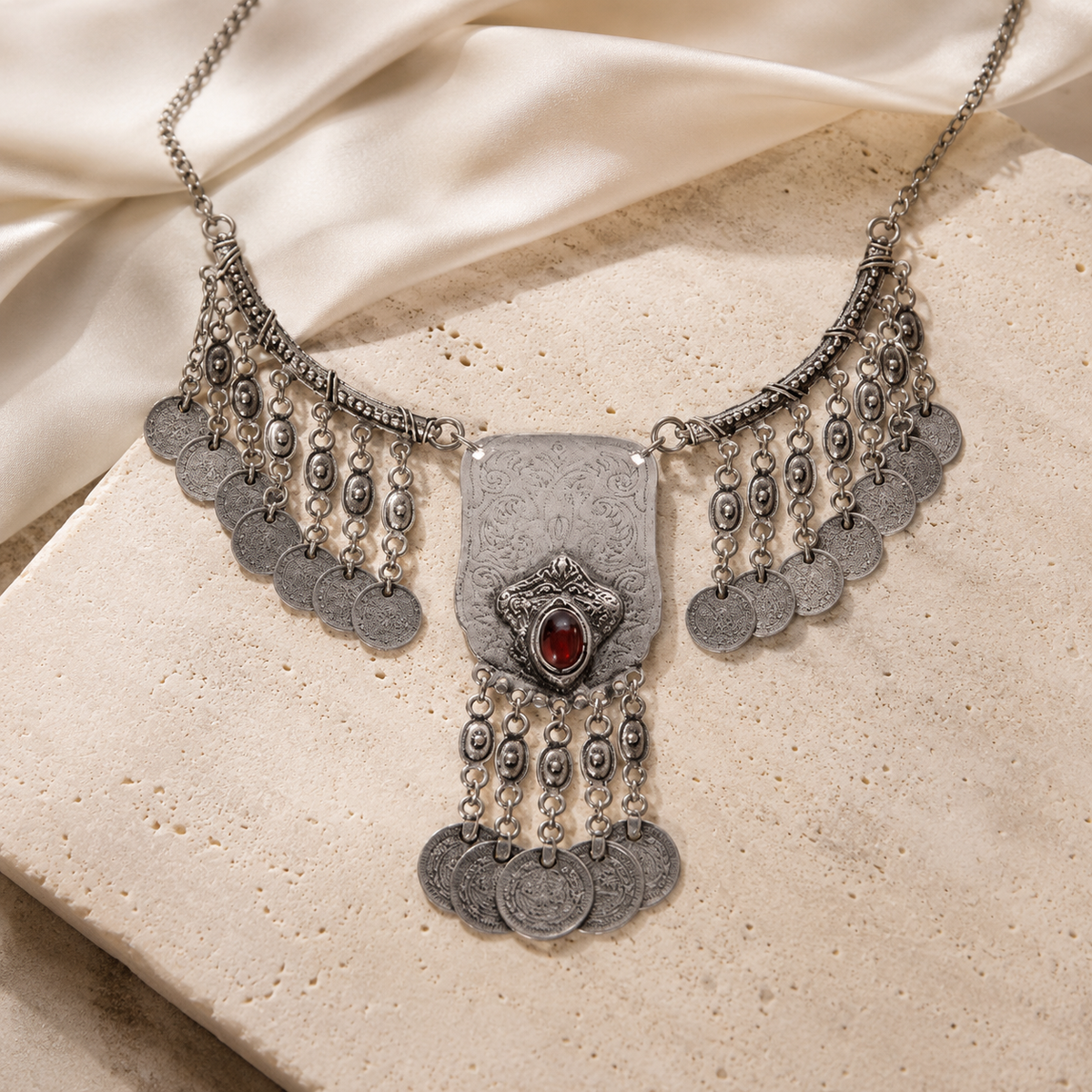 Silver-tone fringe necklace with a vintage-inspired coin design.