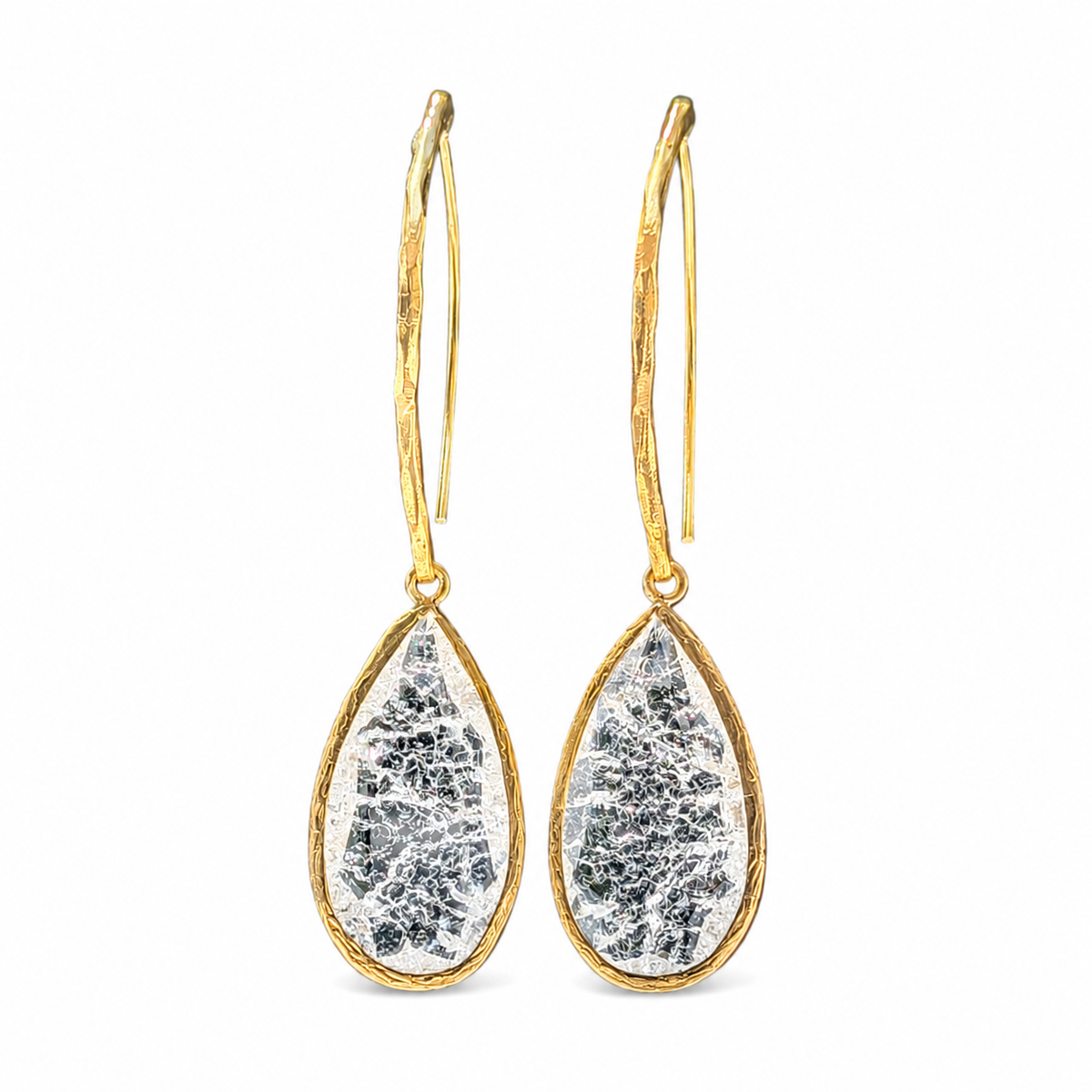 Gold-plated hook earrings with cracked crystal teardrop drops.