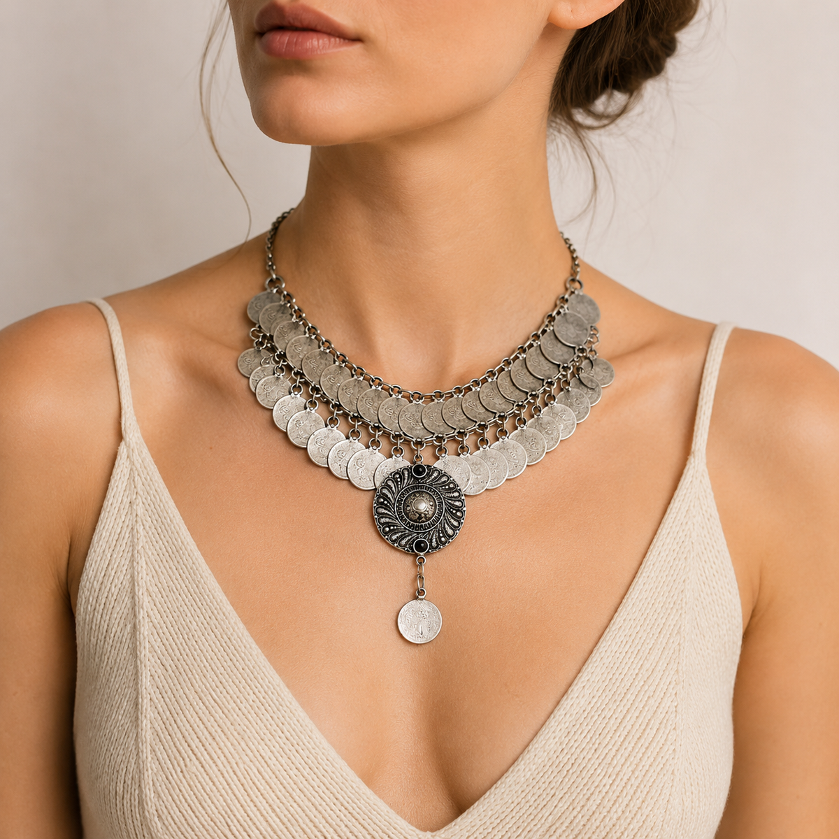 Statement necklace with layered coin discs and a black center medallion.