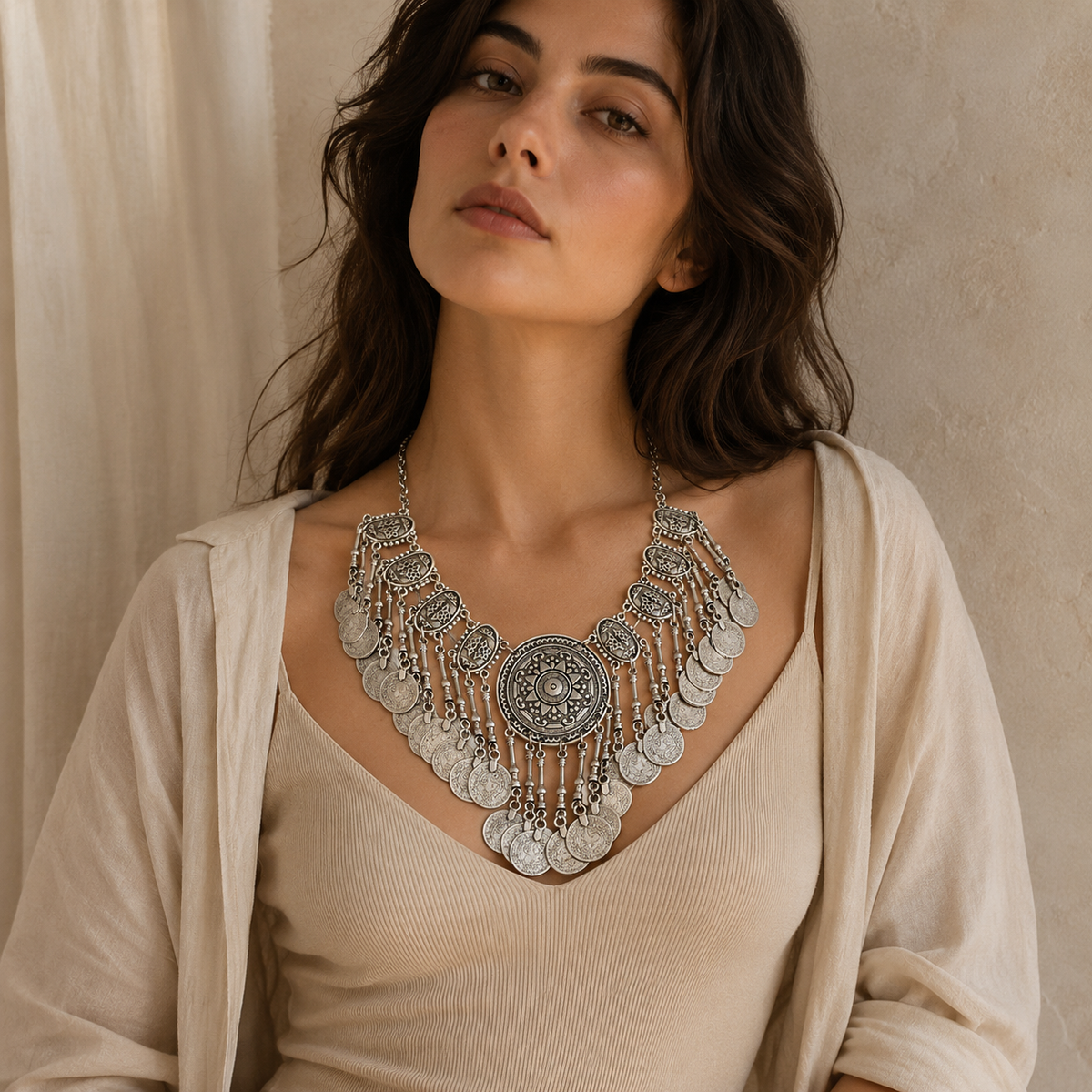 Silver-tone medallion necklace with textured coin fringe styling.