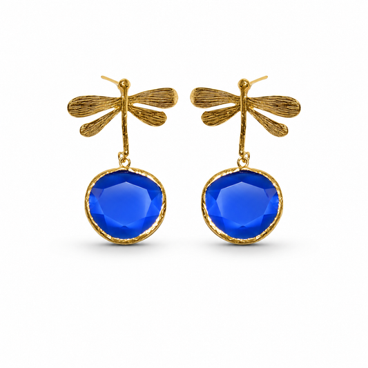 Gold-plated dragonfly earrings with vivid blue faceted drops.