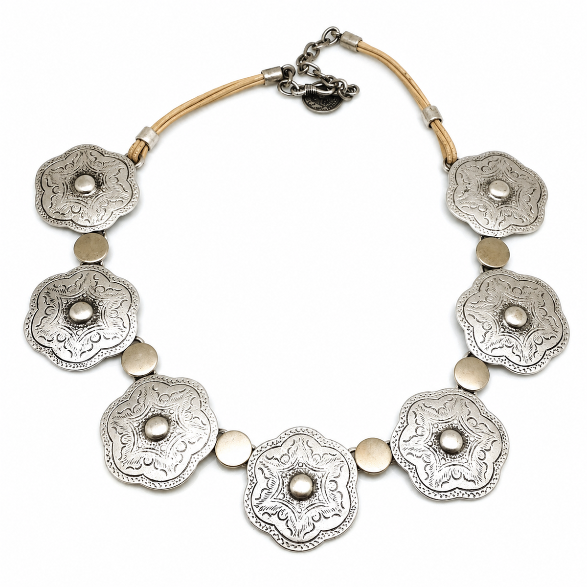 Silver-tone necklace with floral engraved plate pendants arranged along the chain.