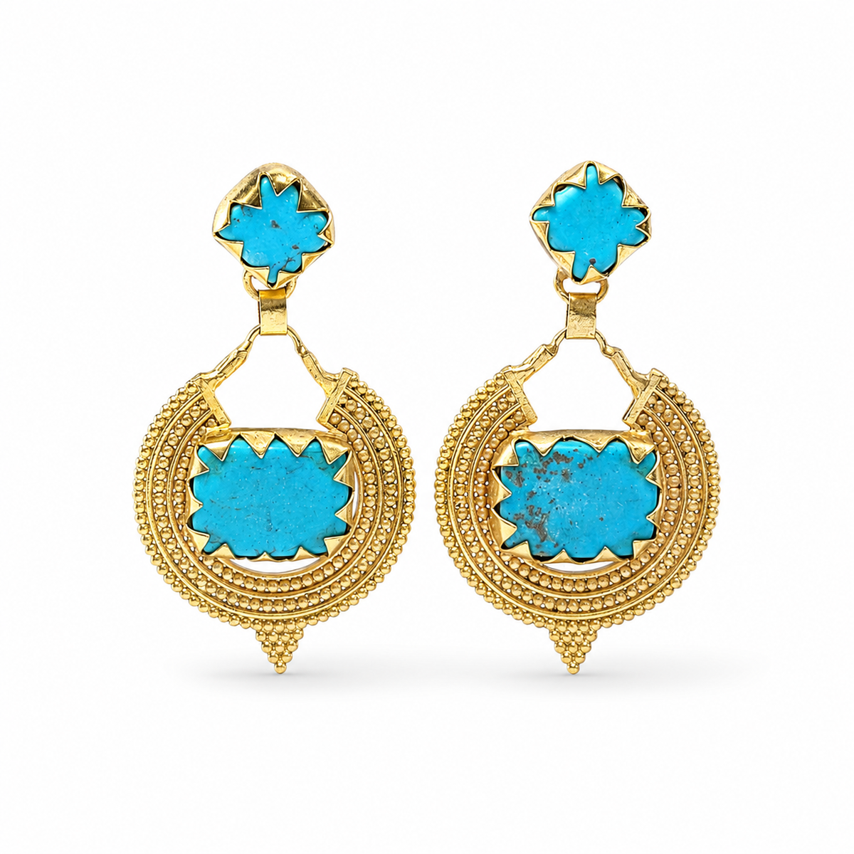 Gold-plated drop earrings with turquoise square stones and a detailed circular frame.