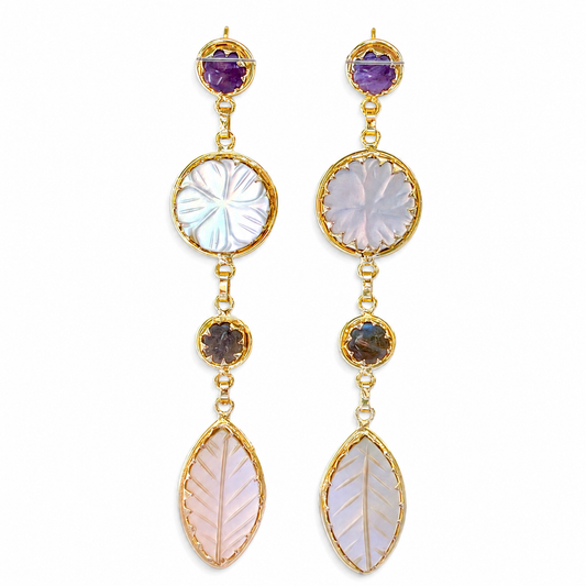 Gold-plated drop earrings with mother of pearl and rose quartz-style stones.