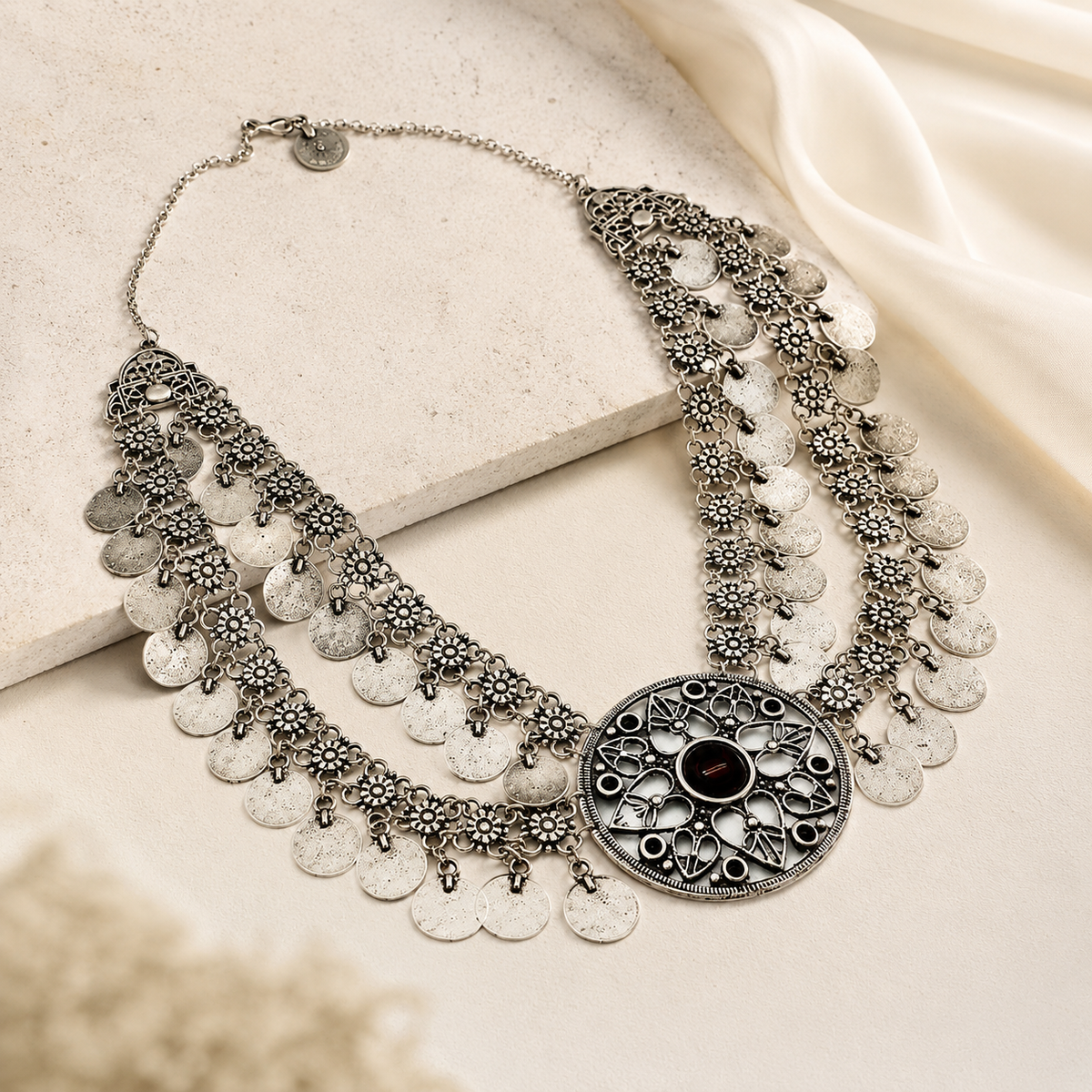 Angled view of a silver-tone bib necklace with coin fringe and ornate detailing.