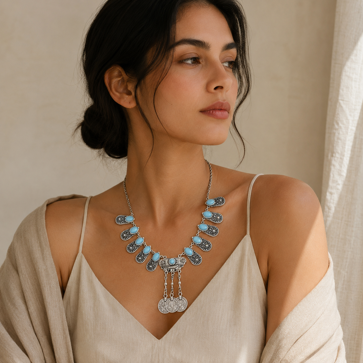 Statement necklace with engraved silver panels, blue accents, and coin drops.